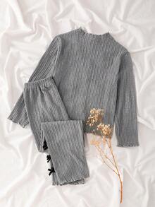 SHEIN 青少年女孩优雅灰色提花针织领口、袖口和下摆开衫搭配黑色蝴蝶结装饰和裤子两件套休闲舒适家居服套装 - 灰色 - 查看 3