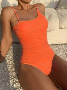 SHEIN Swim Summer Beach Solid Textured Spaghetti Strap One Piece Swimsuit, Bathing Suit - Orange - View 7