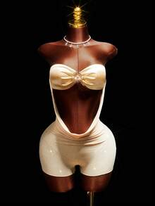 Amplova Women's Metallic Gold Shiny Bodysuit, Sexy Front Keyhole Halter Backless Bodysuit - Gold - View 8