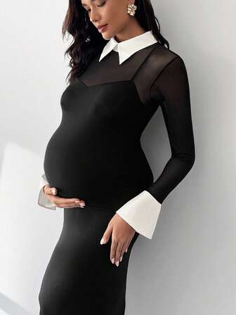 MaterniWear Vestido de maternidad elegante para uso diario con ribete de contraste y abertura lateral, otoño