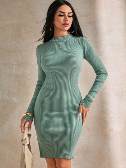 RueChic Women's Solid Color Crew Neck Long Sleeve Fitted Sweater Dress, Autumn/Winter