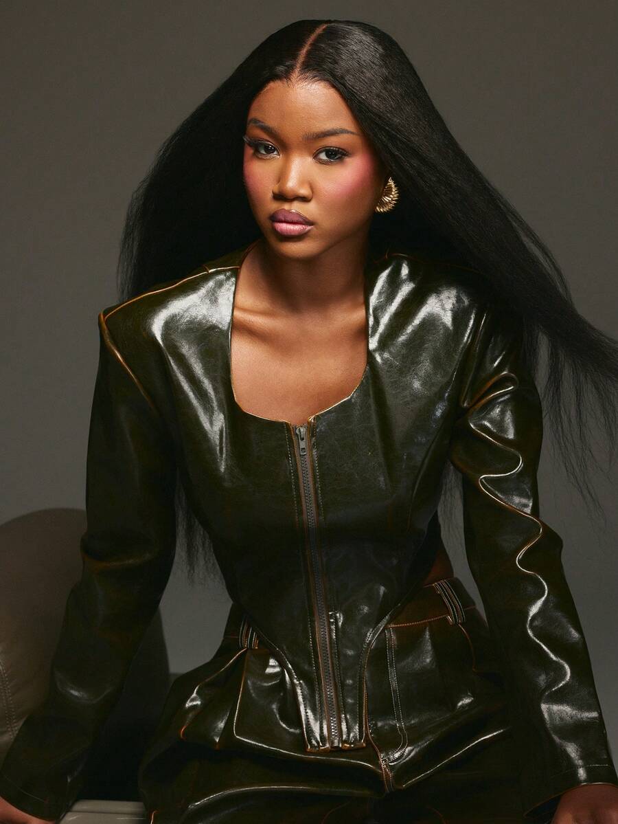 NYA SZN Ari Outerwear Jacket Dark Green Leather PU Vinyl Aged Cropped Zip Up Jacket Shoulder Pads Y2K Oversized Fall Statement Outifts For Women