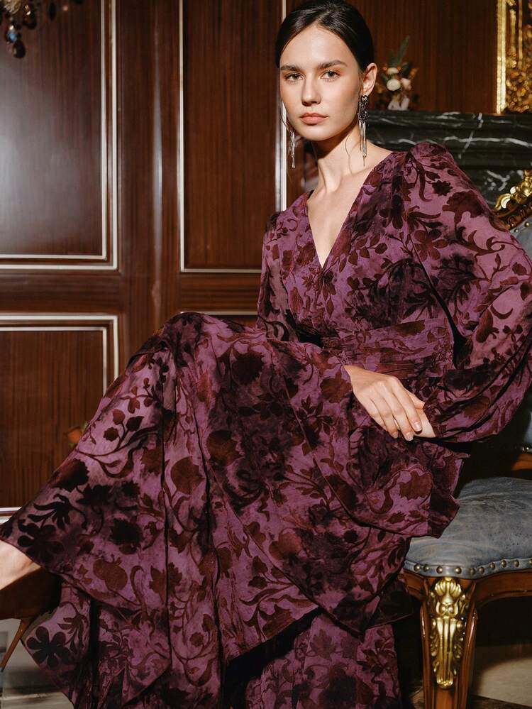Vestido Longo Elegante Vintage de Veludo Queimado, Adequado para Inverno, Outono, Natal, Ano Novo, Primavera, Festa, Casamento, Elegante, Chique, Estiloso, Natal, Casual Executivo