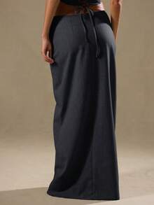 MUSERA Low Rise Column Fit Maxi Skirt Elegant Summer Casual   Winter   Occasion  Party Spring Summer - Navy Blue - View 5