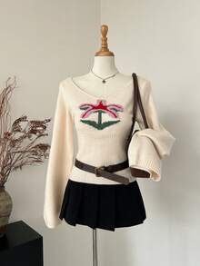 Celisse 女式甜美椰子树刺绣腰部收紧圆领宽松女孩修身针织上衣，秋冬 - 杏色 - 查看 5