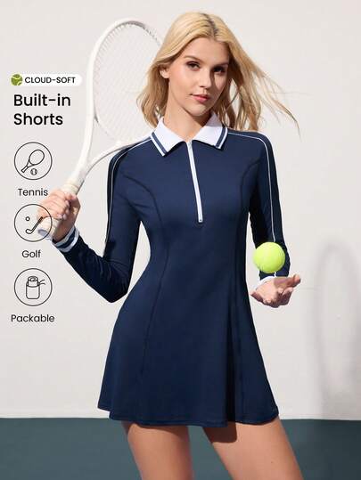 CourtClass Tennis Sports Exercise Outdoor Long Sleeve Navy Polo Collar Women's Sports Dress Sports Shorts With Phone Pocket Tennis Tops Dress With Built Ins Shorts Tennis Dress Tennis Dress Long Sleeve Navy Tennis Dress