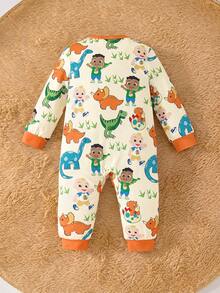 CoComelon X SHEIN 男婴卡通恐龙印花撞色饰边拉链连体裤，秋冬 - 彩色 - 查看 2