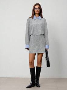 Hanevo Collared Striped Patchwork Long Sleeve Casual Sports College Style Dress For Women - Grey - View 6