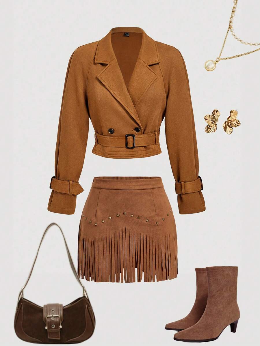 SHEIN MOD Women's Suede Short Trench Coat, Autumn Outerwear - Camel - View 1