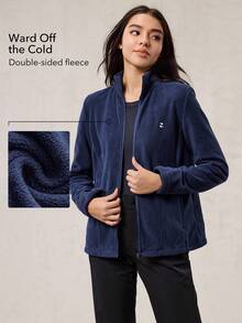 OutZeal 女士保暖抓绒拉链口袋立领拇指孔拉链户外抓绒外套秋冬季徒步露营 - 藏蓝色 - 查看 2