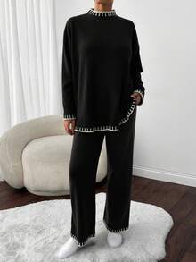 SHEIN Damski sweter z wysokim kołnierzem i spodnie swetrowe w rozmiarze oversize, 2 sztuki, komplety dwuczęściowe - Czarne - Zobacz 3