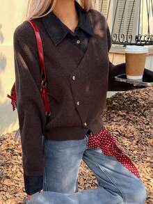Livesso Áo khoác cardigan cổ bẻ màu nâu thường ngày cho nữ, mùa thu - màu nâu - Xem 5