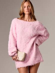 AiiRZ Váy len dài tay trễ vai mềm mại ấm áp mùa đông - Màu tím hoa cà - Xem 1