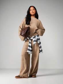MISSGUIDED Setelan Rajut Oversize yang Serasi: Sweater Tebal dan Celana Santai, Pakaian Musim Dingin yang Nyaman dan Cocok - Khaki - View 1