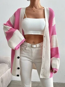EURMUSE Colorblock Button-up Cardigan - Pink - View 4
