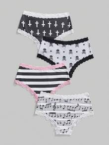 ROMWE 4pcs/Set Gothic Style Striped Cross, Music Note, Skull, Polka Dot & Lace Women's Thong Panties