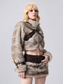 ROMWE EDITION Chaqueta corta de mujer de invierno con cuello alto, manga larga, diseño de botones de ojal y forro de piel sintética - Caqui - Ver 6