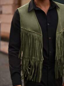 Manfinity NXTstreet Áo khoác tua rua trang trí đinh tán bằng da lộn cho nam - xanh quân đội - Xem 8