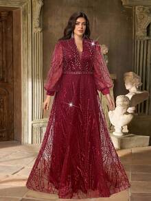 Aureia 加大码优雅奢华深 V 领长袖透明美人鱼下摆连衣裙，带珍珠和水钻装饰，适合婚礼、派对、庆典、单身派对、正式晚会 - 酒紅色 - 查看 6