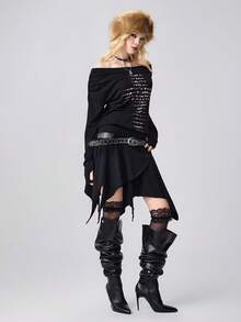 ROMWE Grunge Punk Váy trễ vai tay dài họa tiết da báo Millennium Y2K dành cho nữ, viền bất đối xứng - màu đen - Xem 5