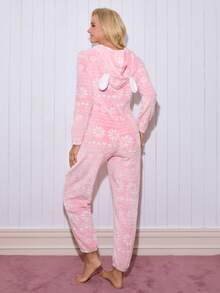 女士可爱圣诞雪花几何图案舒适连帽拉链连体衣蓬松睡衣套装，适合冬季穿着 - 粉色 - 查看 2