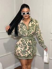 SHEIN SXY Printed Long Sleeve Polo Shirt Dress, Women Long Sleeve Dress ,Belted Long Sleeve Mini Dress, Mini Shirt Dress, Tropical Pattern Dress, Tropical Print Dress, Elegant Mini Dress, Belted Mini Dress,Summer,Elegant - Multicolor - View 4