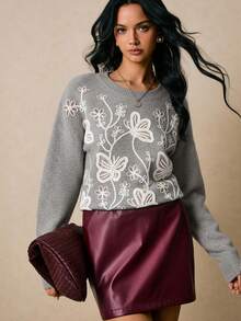 Poéselle Women's Floral Embroidery Round Neck Drop Shoulder Long Sleeve Fashion Sweater In Fall/Winter