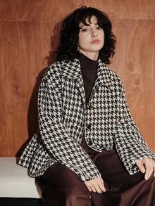 Zovinel Áo khoác ngắn họa tiết Houndstooth thường ngày thời trang nữ - màu nâu - Xem 7