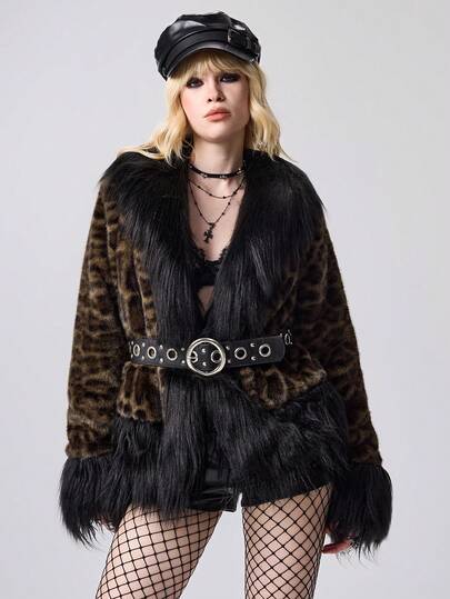 Grunge Punk Y2K Retro Sexy Leopard Print Faux Fur Collar Faux Fur Coat, Women Oversized Furry Jacket