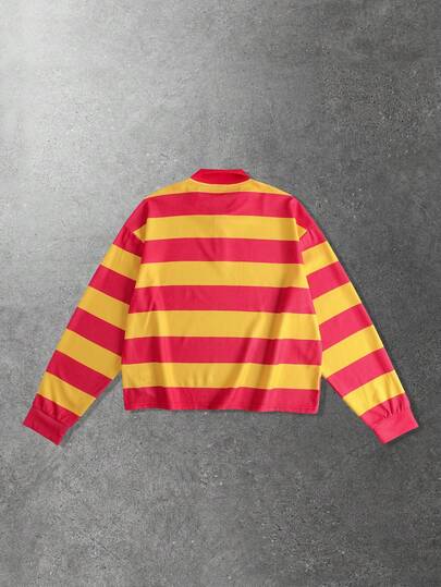 Camiseta de manga larga casual para hombre con estampado de color contrastante y rayas