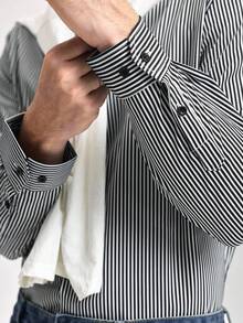 Officeau Camisa de vestir de manga larga con estampado de rayas, de estilo casual elegante para hombres, apta para primavera y verano - Negro - Ver 9