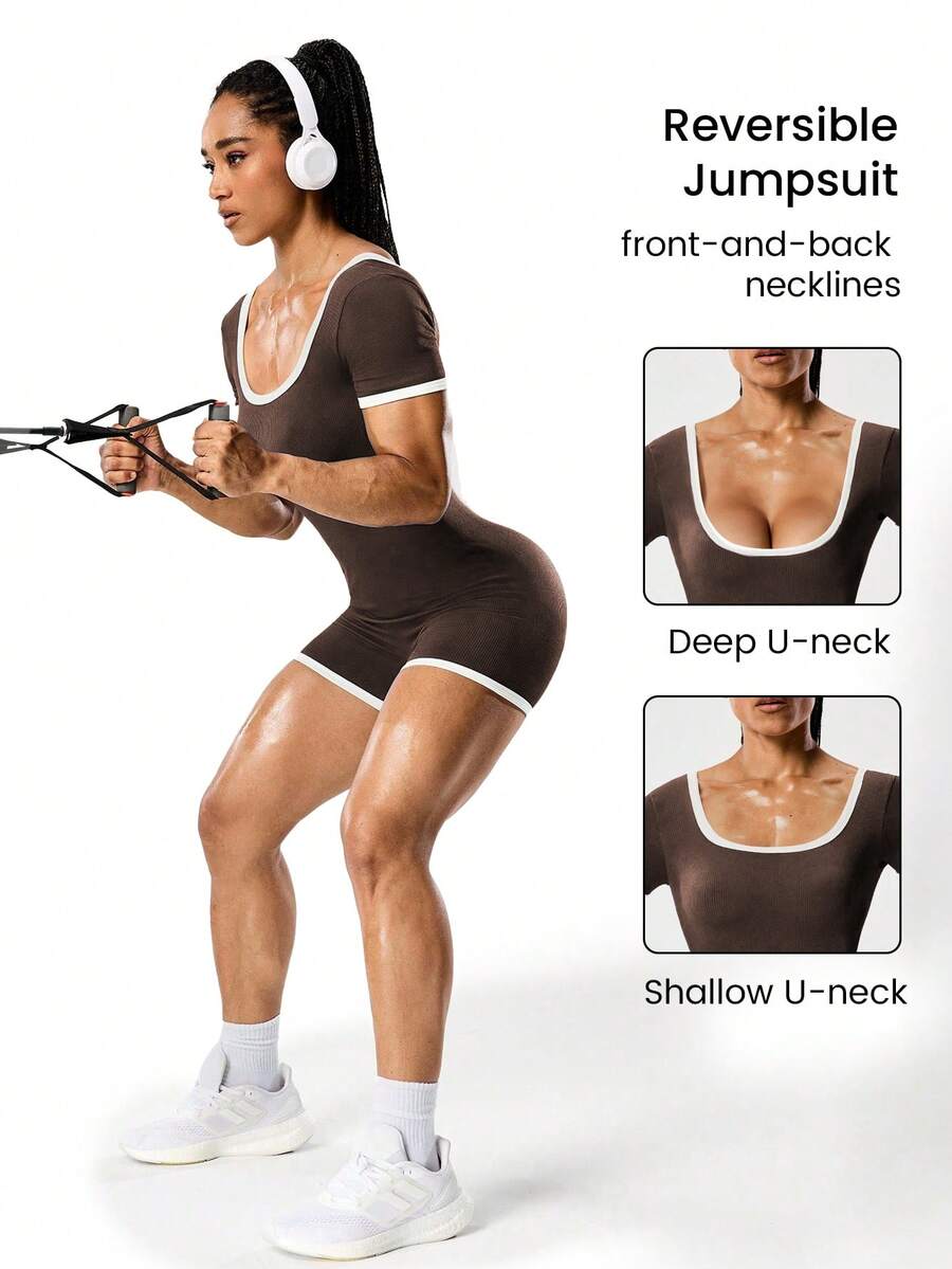 Seamluxe SHEIN Sport 女式无缝短袖运动连体裤，色块 - 棕色 - 查看 1