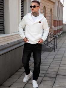 Manfinity CasualCool Men's Casual Versatile Oblique Zipper Hoodie, Autumn/Winter Street Wear Quarter Zip Hoodie, Long Sleeve Top - White - View 4