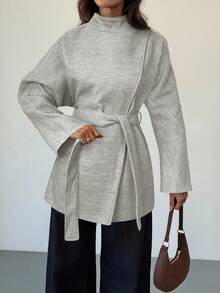 Aloruh Women's Solid Color Minimalist Casual Tie-Up Overcoat - Grey - View 5