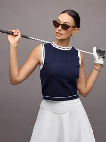 Activina Women's Sleeveless Contrast Trim Sporty Sweater - Blue and White - View 1