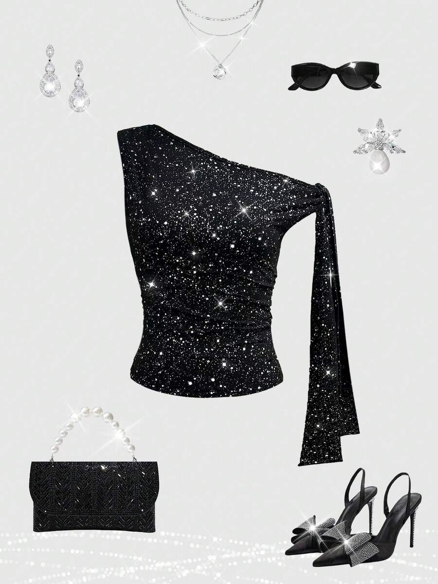 Selianne 女士黑色金属面料高档设计不对称肩部无袖单侧系带修身上衣，优雅时尚，适合生日、约会、派对、音乐节、舞会、独立日、网络星期一、万圣节、光棍节、返校派对、平安夜、感恩节、圣诞节、排灯节、秋季等场合。 - 黑色 - 查看 1