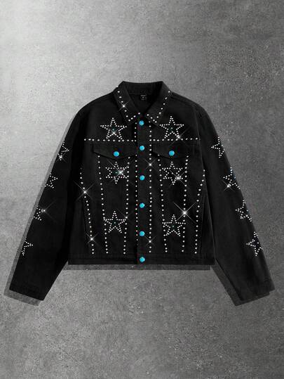 Goth Men's Loose Fit Rhinestone Embellished Denim Jacket