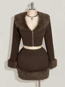 SHEIN ICON Áo len dệt kim dài tay cổ chữ V màu nâu cỡ lớn cho nữ, Bộ 2 món ấm áp, Trang phục thu đông cho nữ, Quần áo mùa đông - Cà phê nâu - Xem 3