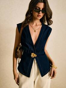 Poéselle 女式 Y2K 金属 3D 花卉装饰深 V 无袖性感牛仔上衣 - 深色水洗藍 - 查看 6