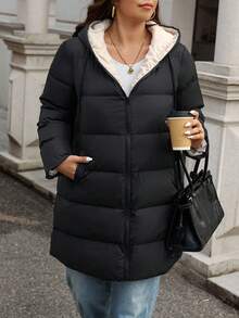 SHEIN Frenchy Cappotto imbottito con cappuccio, chiusura lampo e coulisse, taglia comoda, per l'inverno - nero - Visualizzare 4