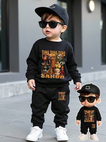 Young Boy Round Neck Sweatshirt And Sweatpants Set - Black