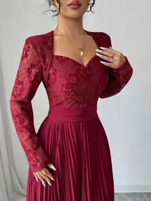Modelyn Robe de soirée plissée pour femmes avec encolure en forme de cœur et patchwork de dentelle, style français - Rouge foncé - Voir 7
