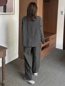 DAZY 女士纽扣前开襟长袖格子印花上衣和裤子休闲睡衣套装，秋冬服装 - 黑色 - 查看 2