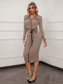 Xyvia Women's Elegant Fitted Metal Button Front Long Sleeve Sweater Dress, Autumn - Khaki - View 5