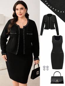 Ellevyn Set tricotaje pentru femei mărimi mari, set elegant tricotaje cu mărgele negre, set tricotaje (include palton și rochie), îmbrăcăminte de toamnă pentru femei