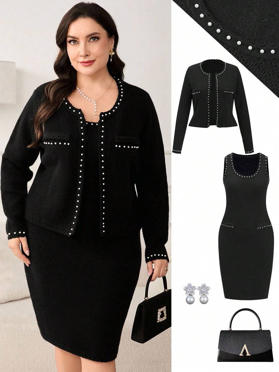 Ellevyn Set tricotaje pentru femei mărimi mari, set elegant tricotaje cu mărgele negre, set tricotaje (include palton și rochie), îmbrăcăminte de toamnă pentru femei