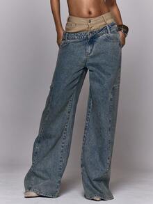 MUSERA Quần jeans ống rộng hai lớp cạp, dáng suông, thích hợp mặc mùa đông, đi chơi hàng ngày, đi chơi tối, phong cách thường ngày, cá tính, thời trang đường phố, màu bạc, sành điệu, mùa xuân hè. - Nhiều màu - Xem 2