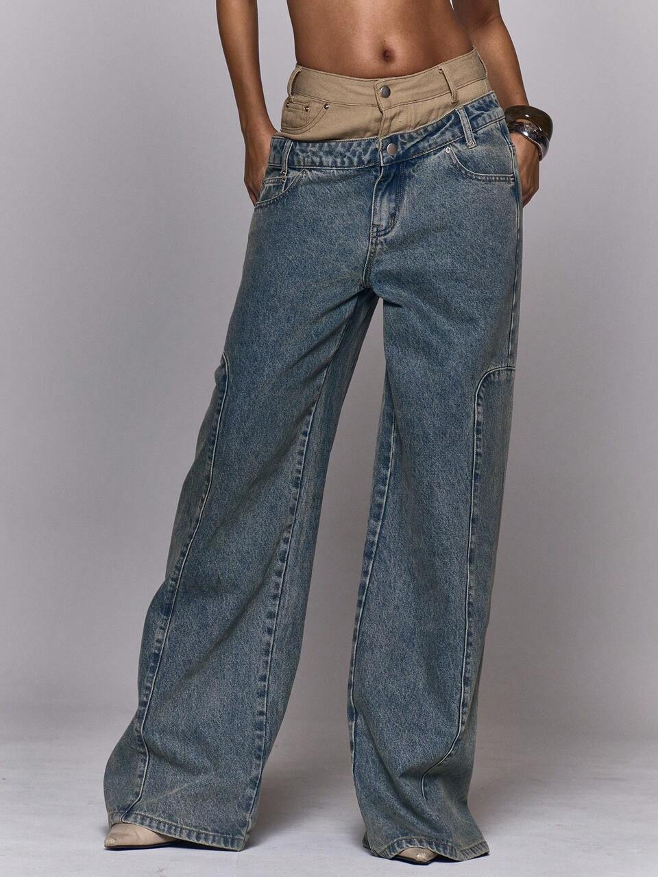 Mid Wash Layered Double Waistband Wide Leg Baggy Denim Jeans