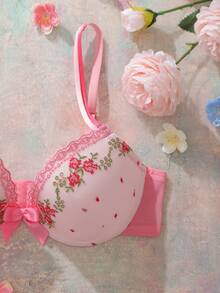 Pink Underwire Padded Bra With High Support, Lift & Gather, Embroidered Floral Pattern, Romantic Countryside Style Women's Lingerie