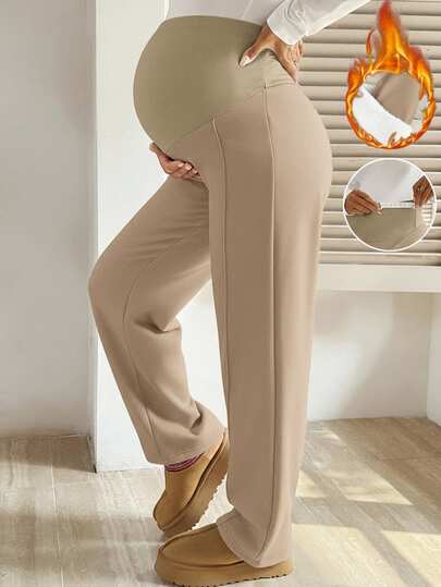 SHEIN Pantalones rectos de cintura alta, elásticos y cálidos para mujeres embarazadas